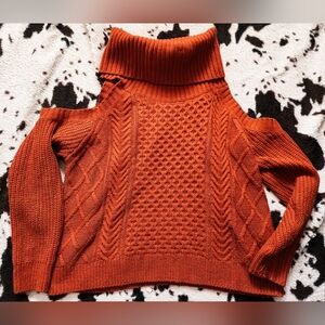 "ROCK AND ROLL COWGIRL" WOMEN'S COLD SHOULDER COWL NECK SWEATER - PUMPKIN